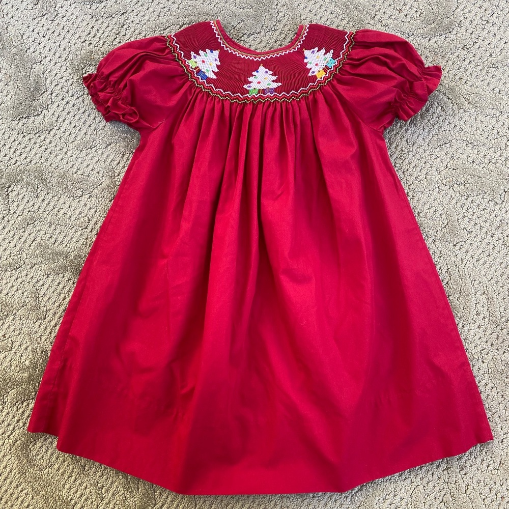 Vintage Red Smocked Dress with Embroidered Christmas Trees